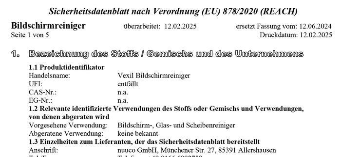 Vorschau Sicherheitsdatenblatt VEXIL® Bildschirmreiniger