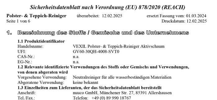 Vorschau Sicherheitsdatenblatt VEXIL® Polster- & Teppichreiniger Aktivschaum