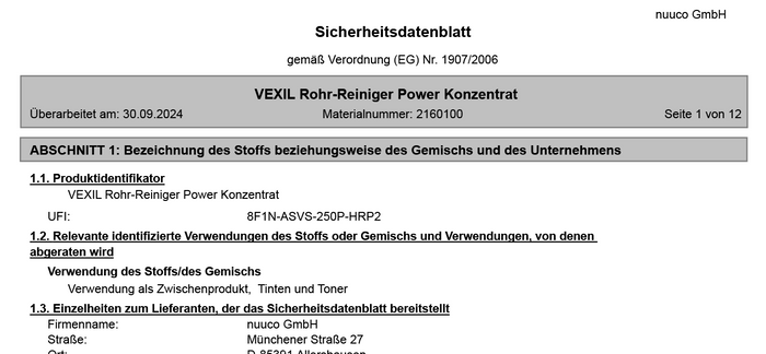 Vorschau Sicherheitsdatenblatt VEXIL® Rohrreiniger