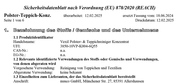 Vorschau Sicherheitsdatenblatt VEXIL® Teppich- & Polsterreiniger Konzentrat