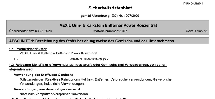 Vorschau Sicherheitsdatenblatt VEXIL® Urinsteinentferner