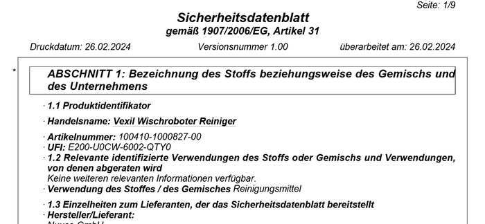 Vorschau Sicherheitsdatenblatt VEXIL® Bodenreiniger für Wischroboter