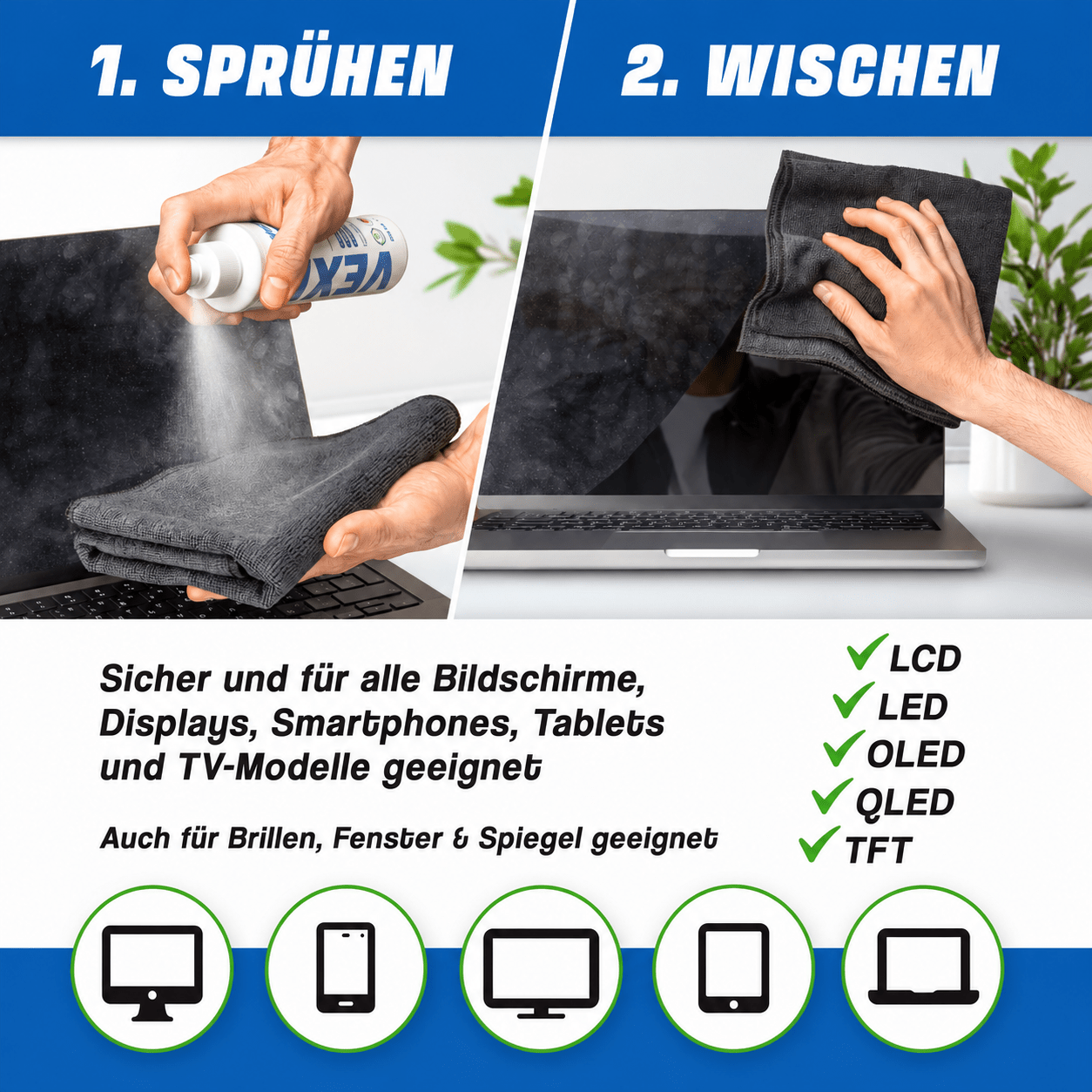 Bildschirmreiniger Spray - für Smartphone, Tablet, Handy, Laptop