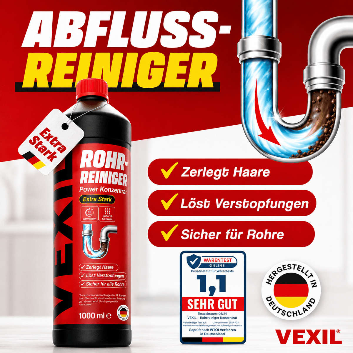 Rohrreiniger - Abflussreiniger extra Stark für Extremfälle - 1L