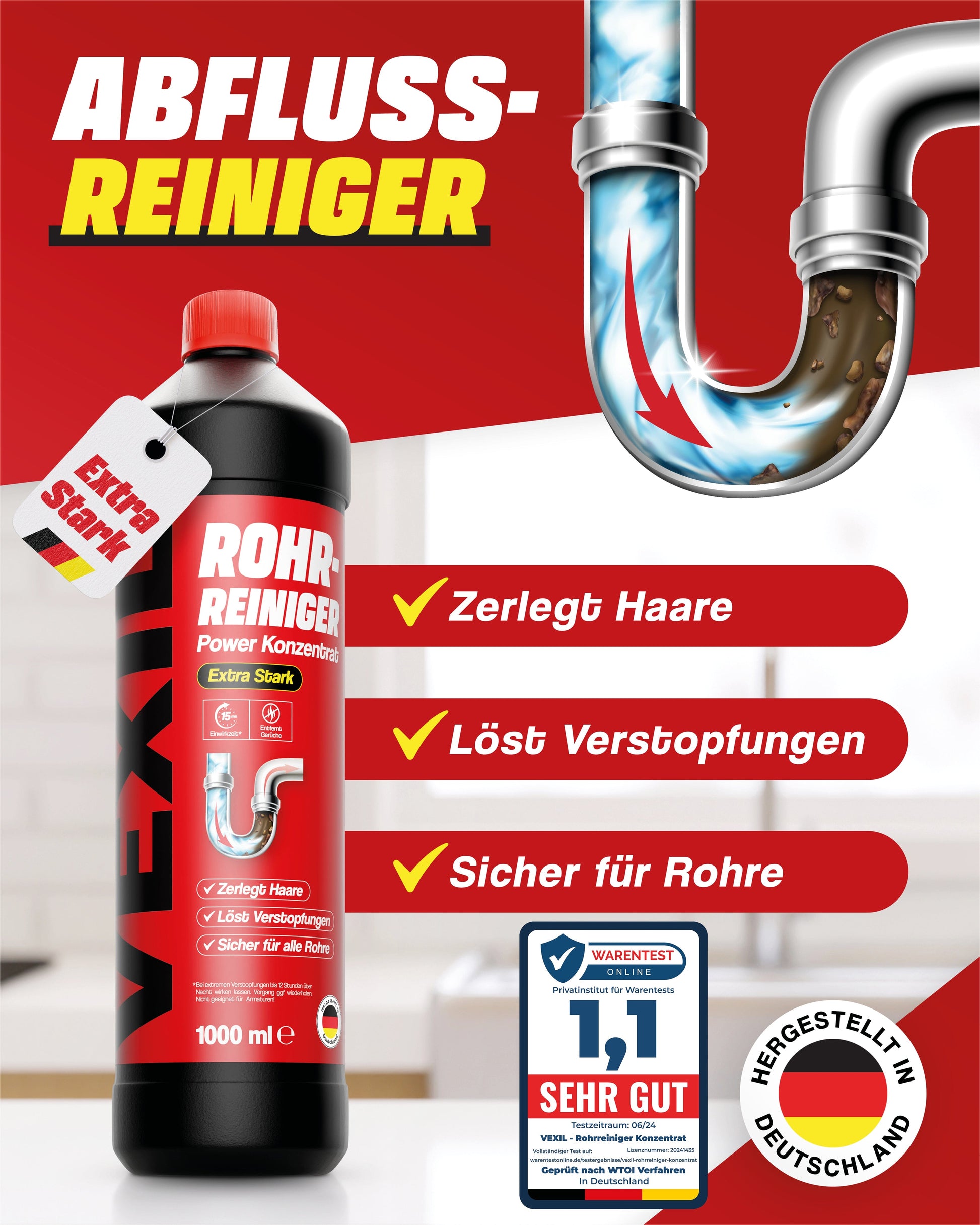 Rohrreiniger - Profi Abflussreiniger extra Stark für Extremfälle - 1L